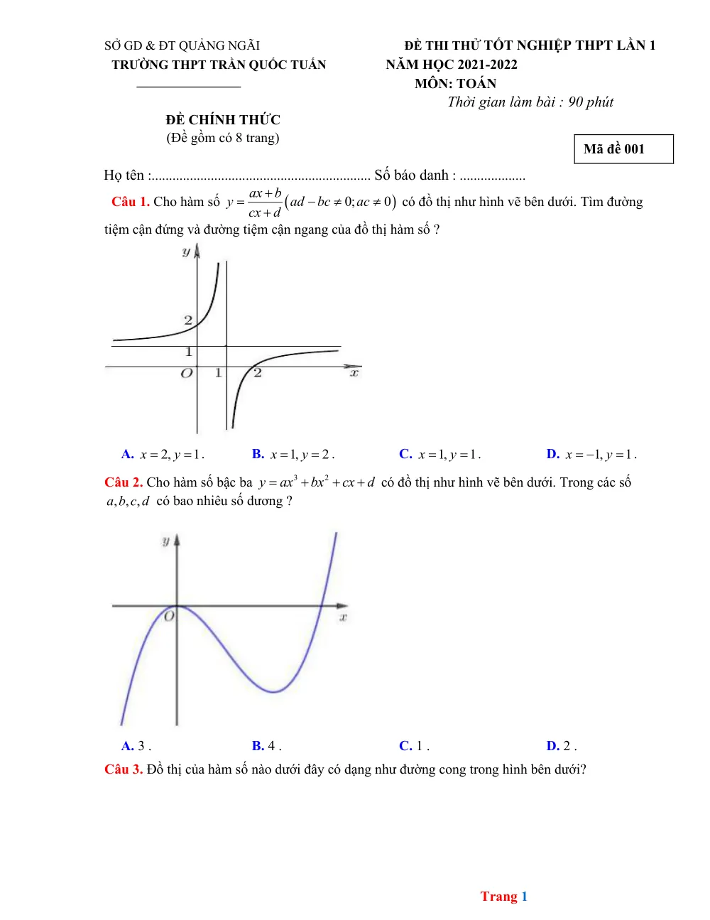 Xem trước trang 1 của "Đề Thi Thử Tốt Nghiệp THPT 2022 - Toán - Trường THPT Trần Quốc Tuấn - Lần 1 (Có Đáp Án) - Quảng Ngãi"