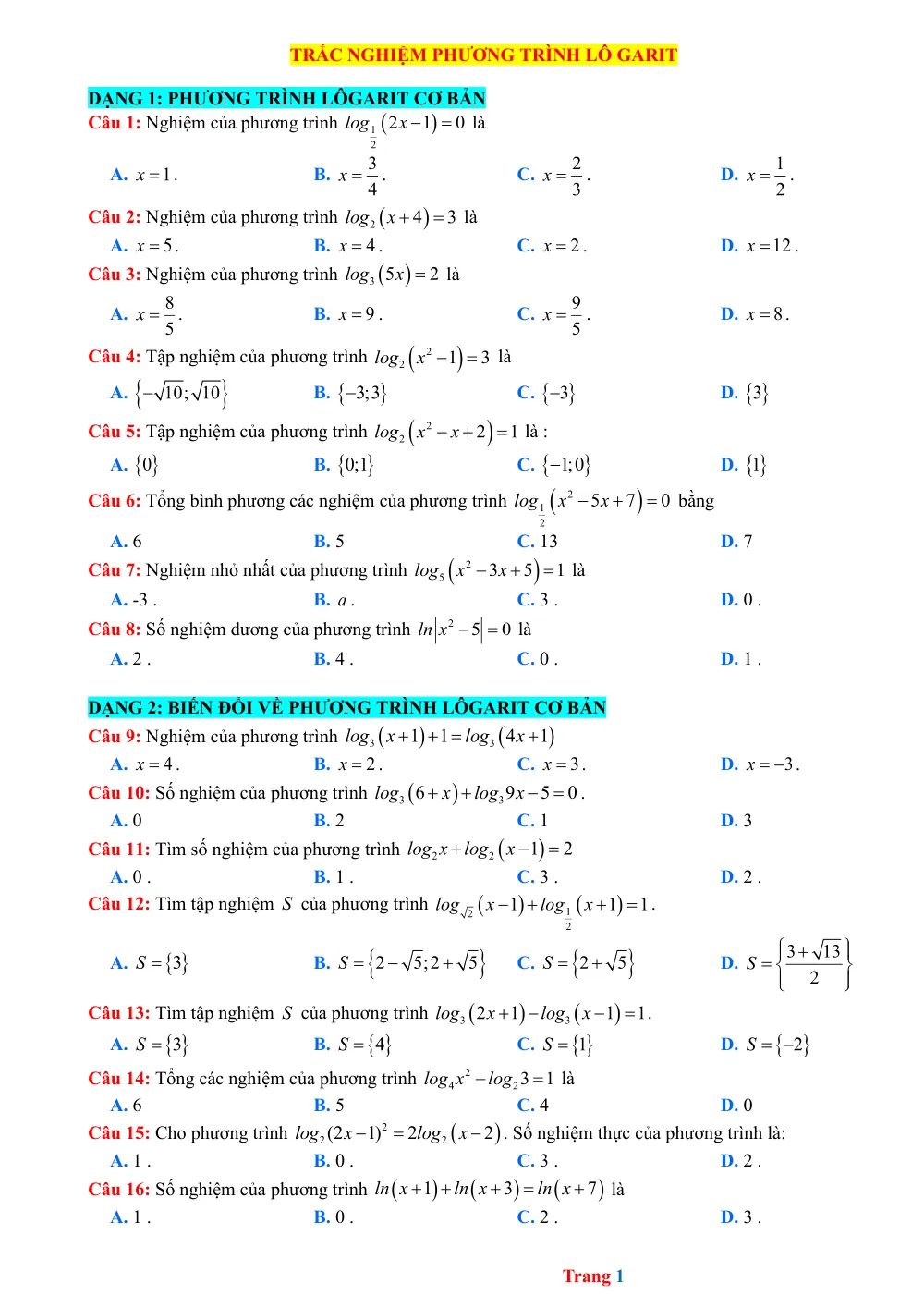 Xem trước trang 1 của "40 Câu trắc nghiệm Phương trình Lôgarit"