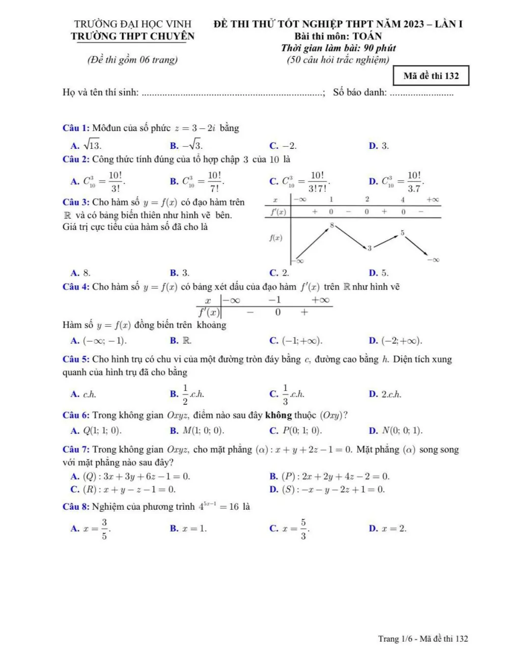 Xem trước trang 1 của "Đề Thi Thử TN THPT 2023 - Môn Toán Lần 1 - Trường THPT Chuyên ĐH Vinh - Nghệ An"