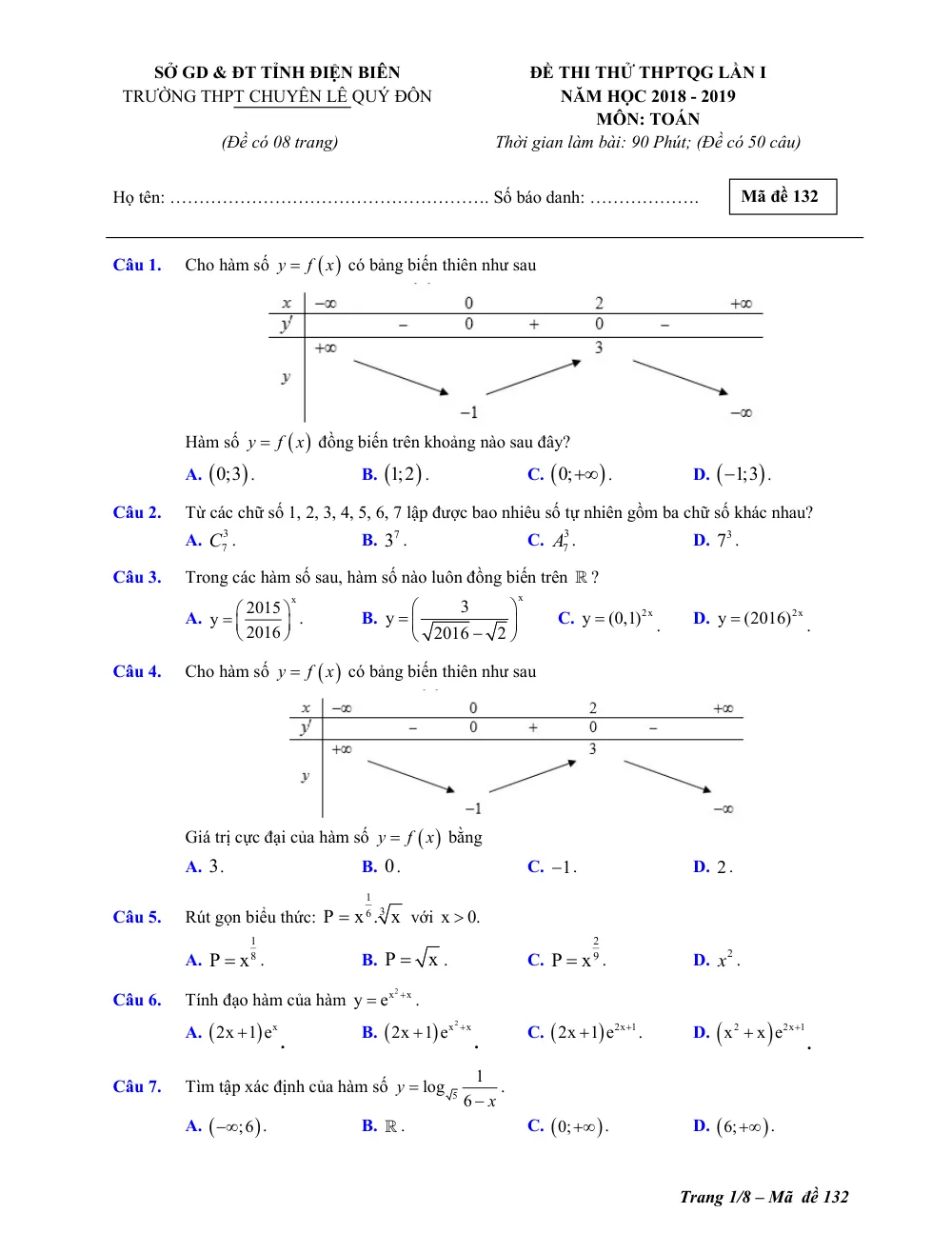 Xem trước trang 1 của "Đề Thi Thử Toán THPTQG 2019 - Trường THPT Chuyên Lê Quý Đôn - Điện Biên"