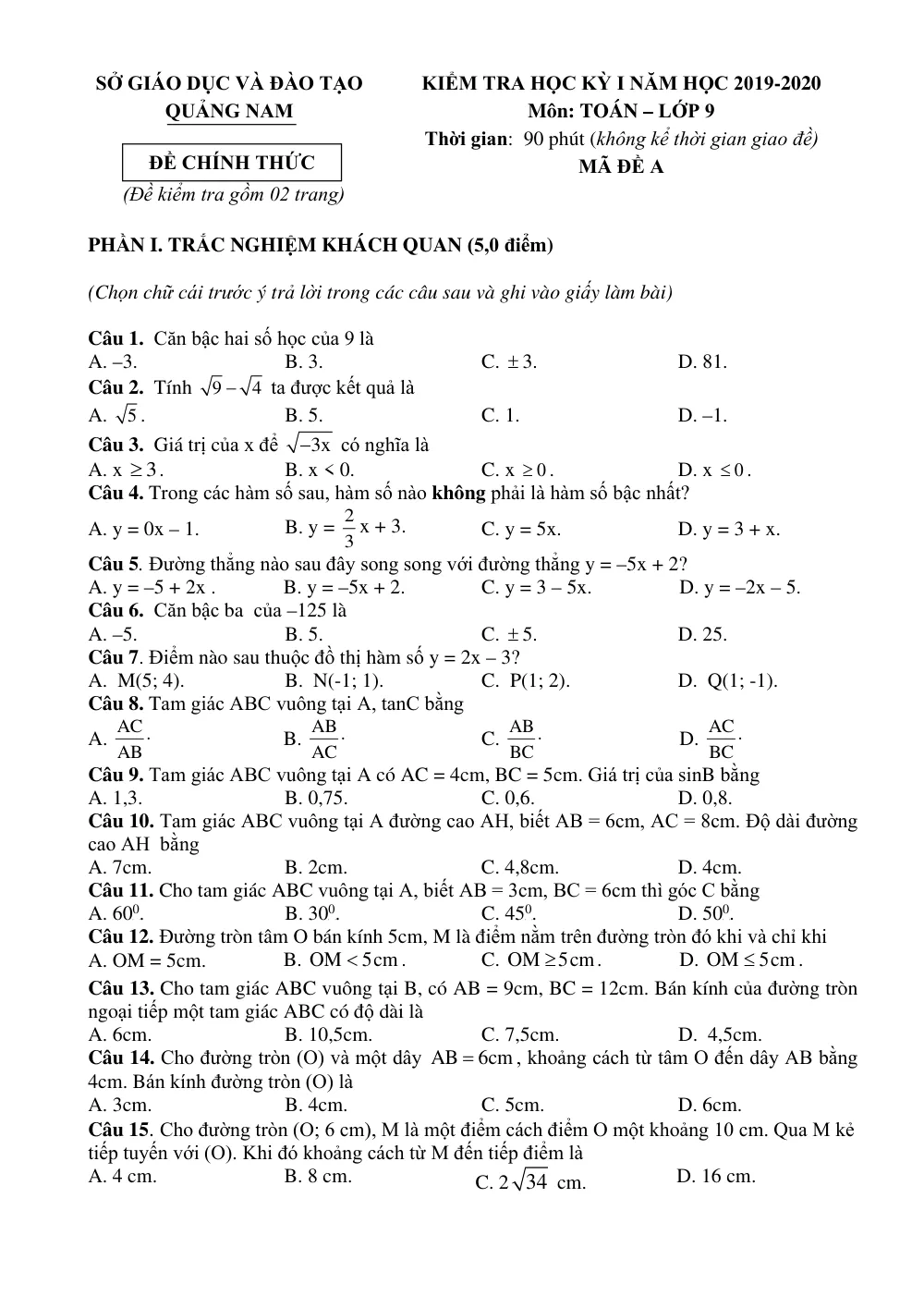 Xem trước trang 1 của "Đề thi HK1 Toán 9 - Năm học 2019-2020 - Quảng Nam"