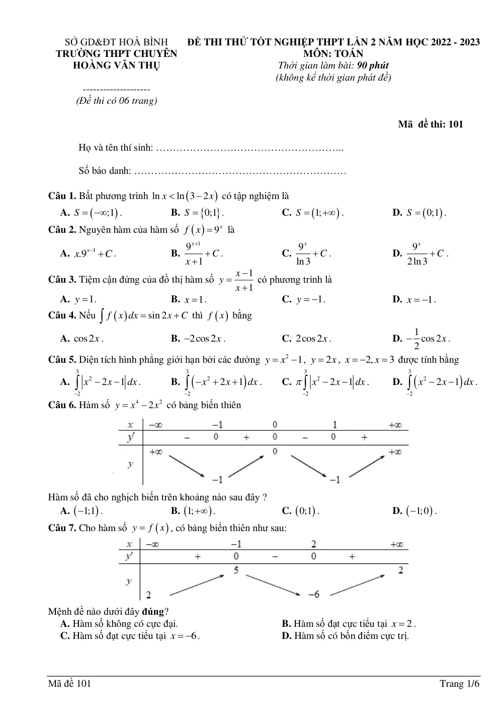 Xem trước trang 1 của "Đề Thi Thử Tốt Nghiệp THPT 2023 Lần 2 - Trường THPT Chuyên Hoàng Văn Thụ - Toán 12 - Hòa Bình"