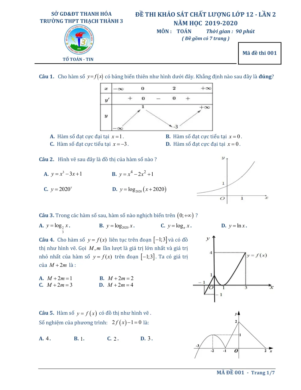 Xem trước trang 1 của "Đề Khảo Sát Lớp 12 - Lần 2 - Năm học 2019-2020 - Trường THPT Thạch Thành 3 - Môn Toán - TP. Hồ Chí Minh"