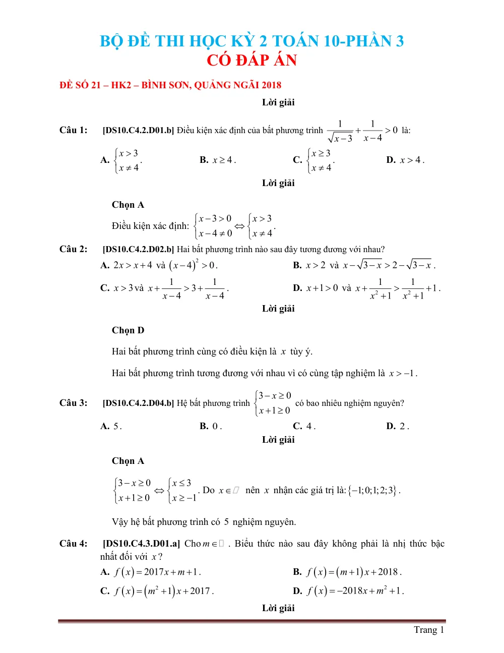 Xem trước trang 1 của "Đề thi HK2 Toán 10 - Phần 3 có đáp án - Đề số 21 - Bình Sơn, Quảng Ngãi (2018)"