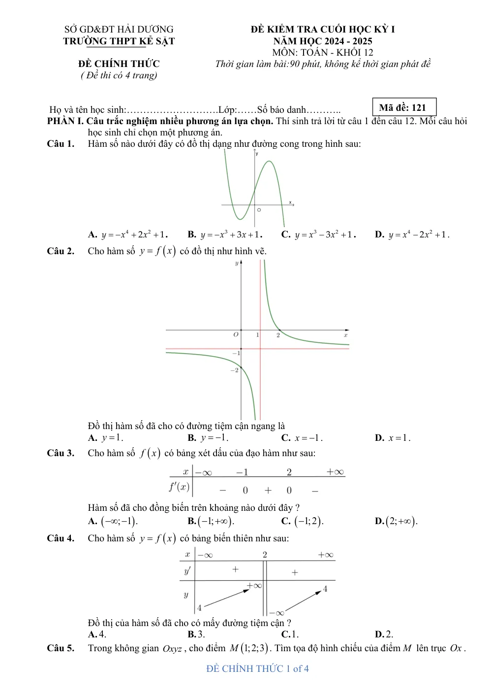 Xem trước trang 1 của "Đề kiểm tra cuối học kỳ 1 Toán 12 - Trường THPT Kẻ Sặt - Năm học 2024-2025"