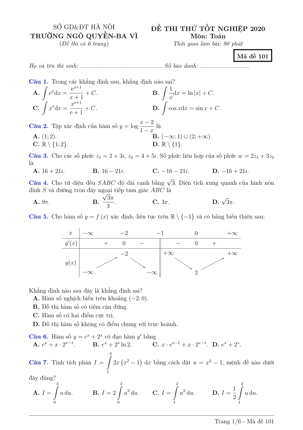 Xem trước trang 1 của "Đề Thi Thử Tốt Nghiệp THPT 2020 - Môn Toán - Trường THPT Ngô Quyền - Hà Nội"