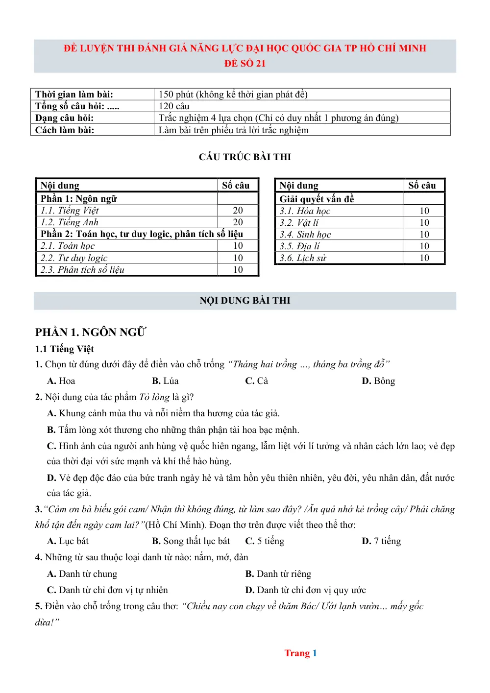 Xem trước trang 1 của "Đề Luyện Thi Đánh Giá Năng Lực Đại Học Quốc Gia TP. Hồ Chí Minh - Đề Số 21 (2024)"
