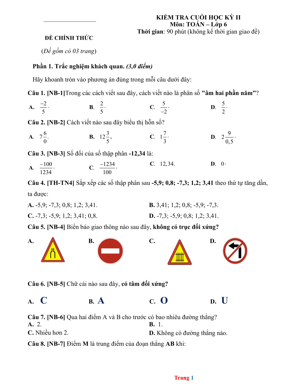 Xem trước trang 1 của "Đề Kiểm Tra Học Kỳ 2 Toán Lớp 6 - CTST"