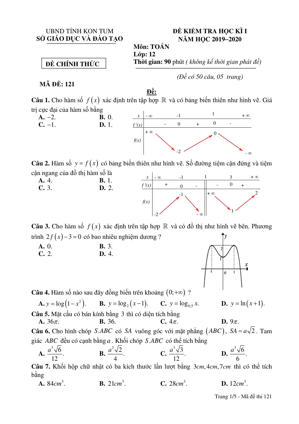 Xem trước trang 1 của "Đề Kiểm Tra Học Kỳ 1 Toán 12 - Năm Học 2019-2020 - Tỉnh Kon Tum"