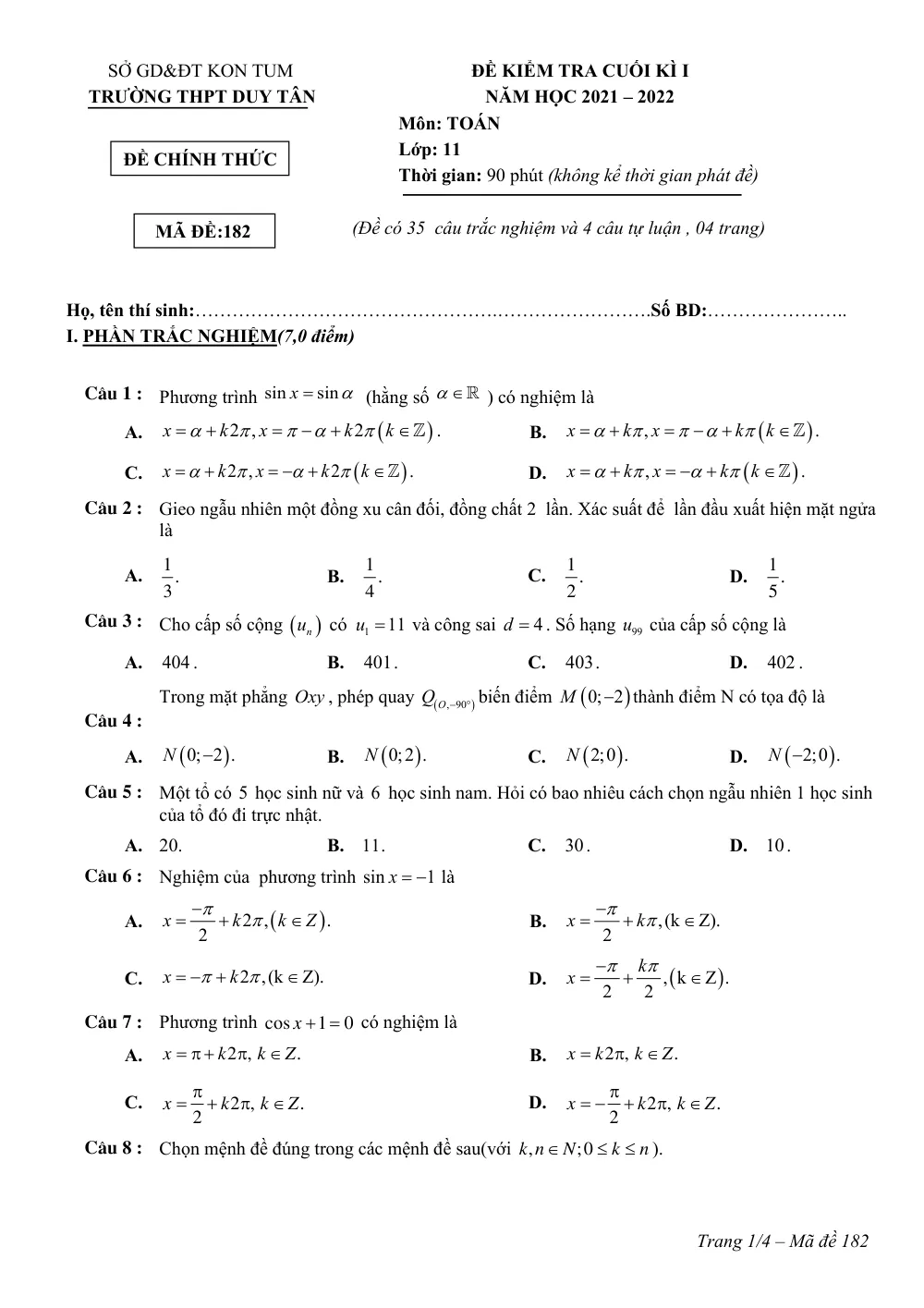 Xem trước trang 1 của "Đề Kiểm Tra Cuối Kỳ I Toán 11 Năm Học 2021-2022 - Trường THPT Duy Tân - Kon Tum"