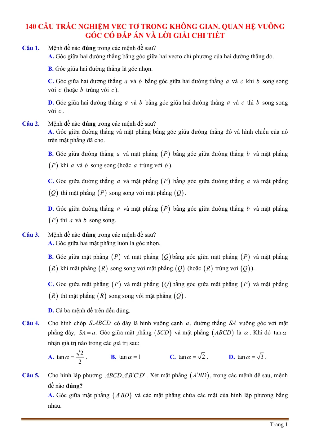 Xem trước trang 1 của "140 Câu Trắc Nghiệm Véc Tơ Trong Không Gian: Quan Hệ Vuông Góc Có Đáp Án Và Lời Giải Chi Tiết"
