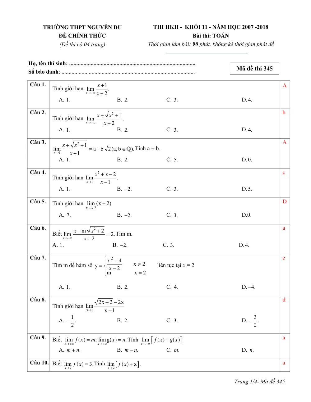 Xem trước trang 1 của "Đề thi HKII Toán 11 - Năm học 2017-2018 - Trường THPT Nguyễn Du - Phú Yên"