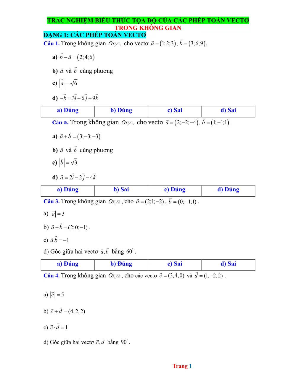 Xem trước trang 1 của "Trắc nghiệm Biểu thức Tọa độ của các Phép toán Vectơ trong Không gian - Lớp 12"