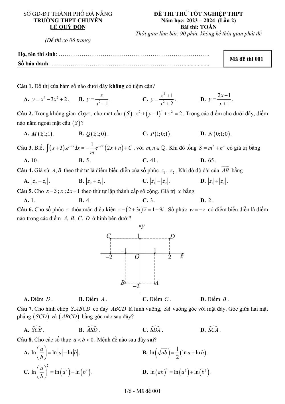 Xem trước trang 1 của "Đề Thi Thử Tốt Nghiệp THPT 2024 Lần 2 - Trường THPT Chuyên Lê Quý Đôn - Đà Nẵng"
