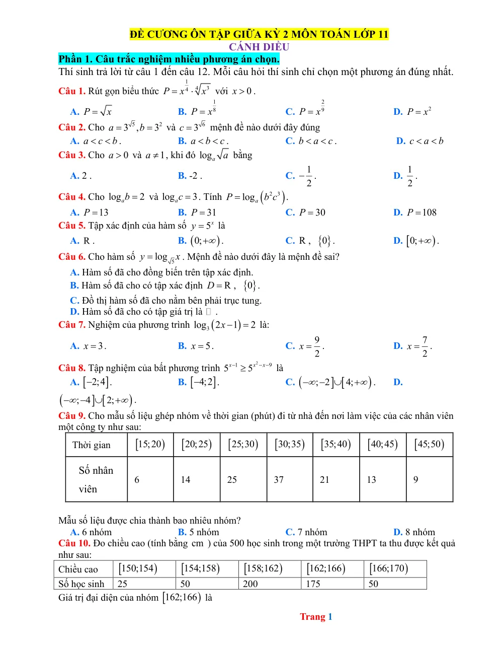 Xem trước trang 1 của "Đề cương ôn tập giữa HK2 Toán 11 Cánh Diều"