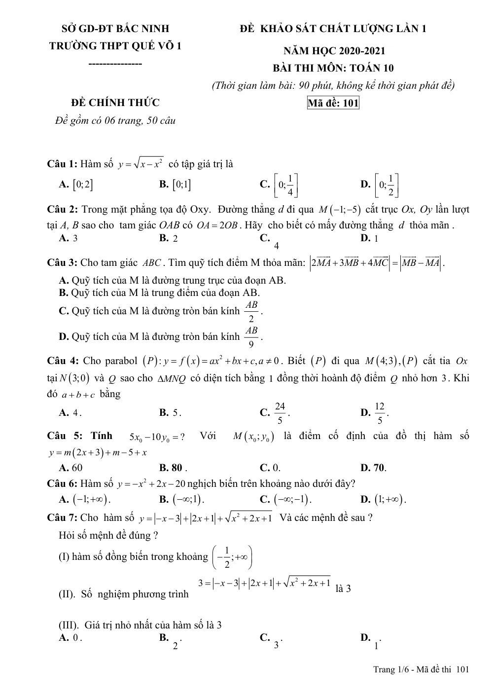 Xem trước trang 1 của "Đề Khảo Sát Chất Lượng Lần 1 - Toán 10 - Trường THPT Quế Võ 1 - Năm học 2020-2021 - Bắc Ninh"