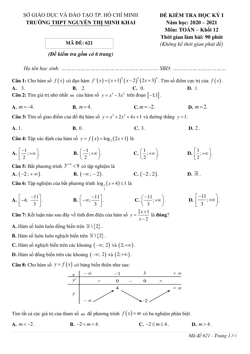 Xem trước trang 1 của "Đề Kiểm Tra Học Kỳ I Toán 12 - Năm học 2020-2021 - Trường THPT Nguyễn Thị Minh Khai - TP. Hồ Chí Minh"