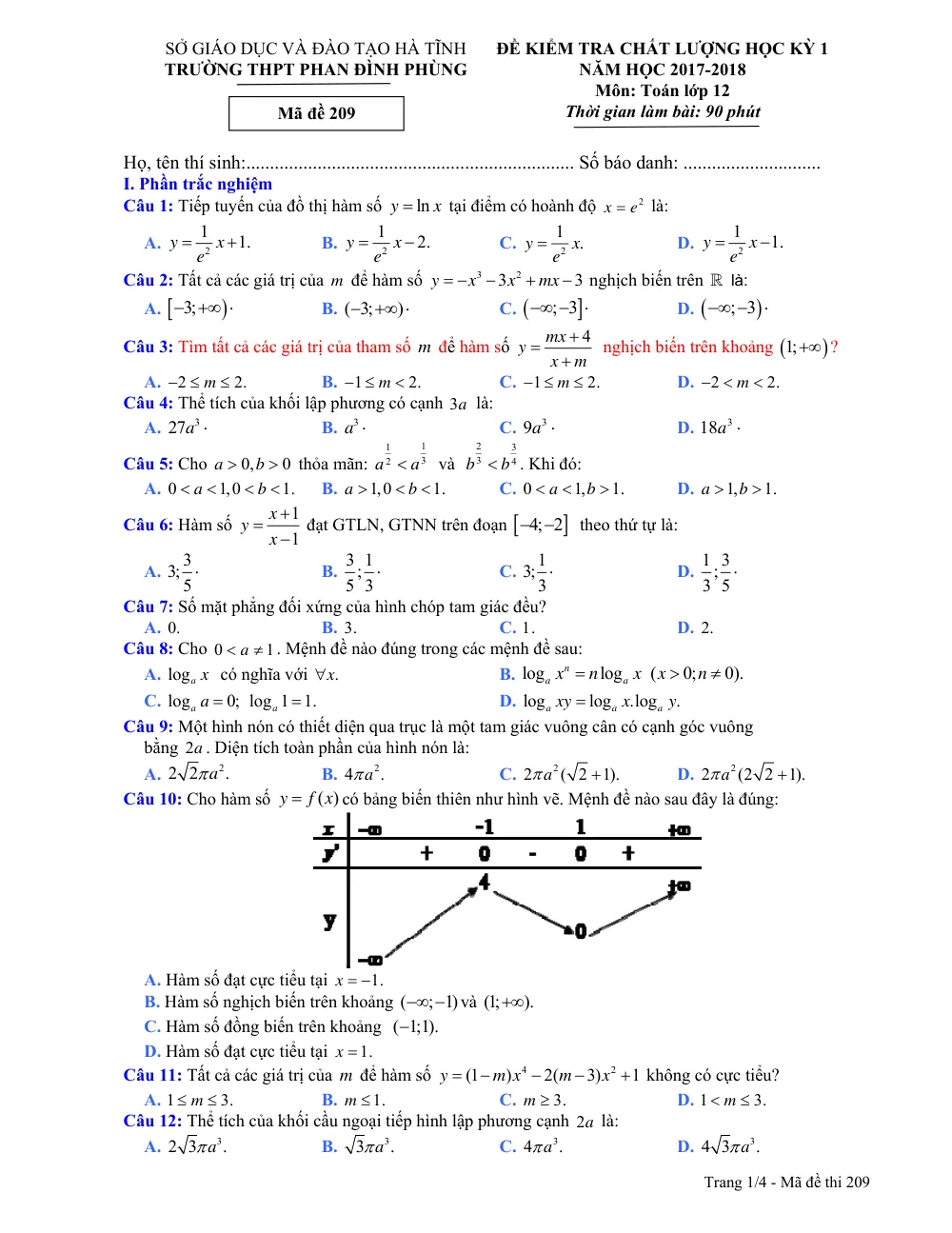 Xem trước trang 1 của "Đề Kiểm Tra Chất Lượng Học Kỳ 1 Toán 12 - Trường THPT Phan Đình Phùng Năm Học 2017-2018 - Hà Tĩnh"