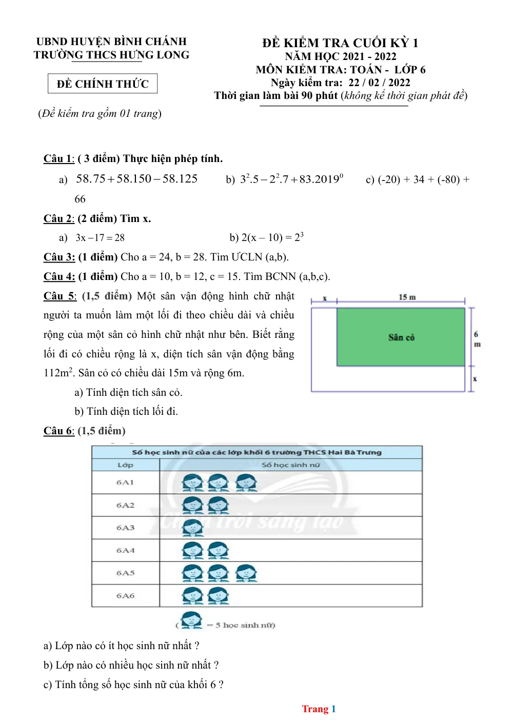 Xem trước trang 1 của "Đề Kiểm Tra Cuối Kỳ 1 - Toán 6 - Trường THCS Hưng Long - Bình Chánh - TP. Hồ Chí Minh - Năm học 2021-2022"