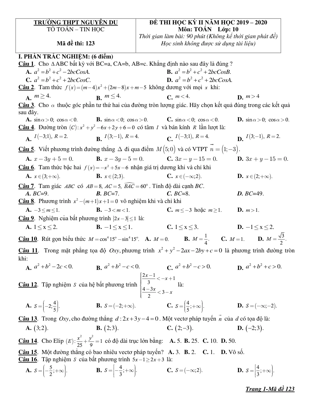 Xem trước trang 1 của "Đề Thi Học Kỳ II - Toán 10 - Năm học 2019-2020 - Trường THPT Nguyễn Du - Lâm Đồng"