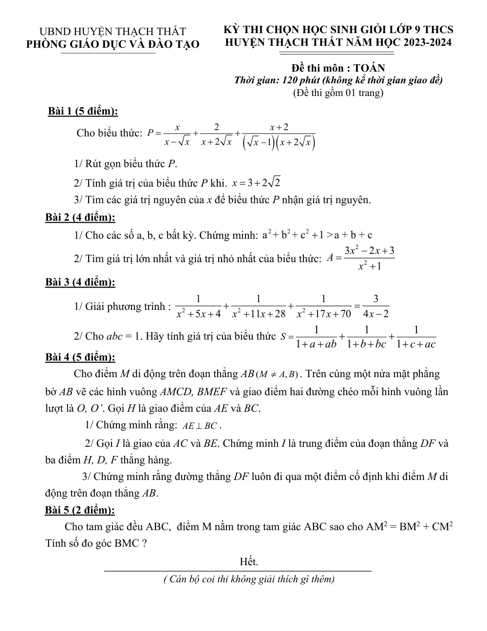 Xem trước trang 1 của "Kỳ Thi Chọn Học Sinh Giỏi Lớp 9 THCS - Phòng GD&ĐT Thạch Thất - Năm Học 2023-2024 - Môn Toán"