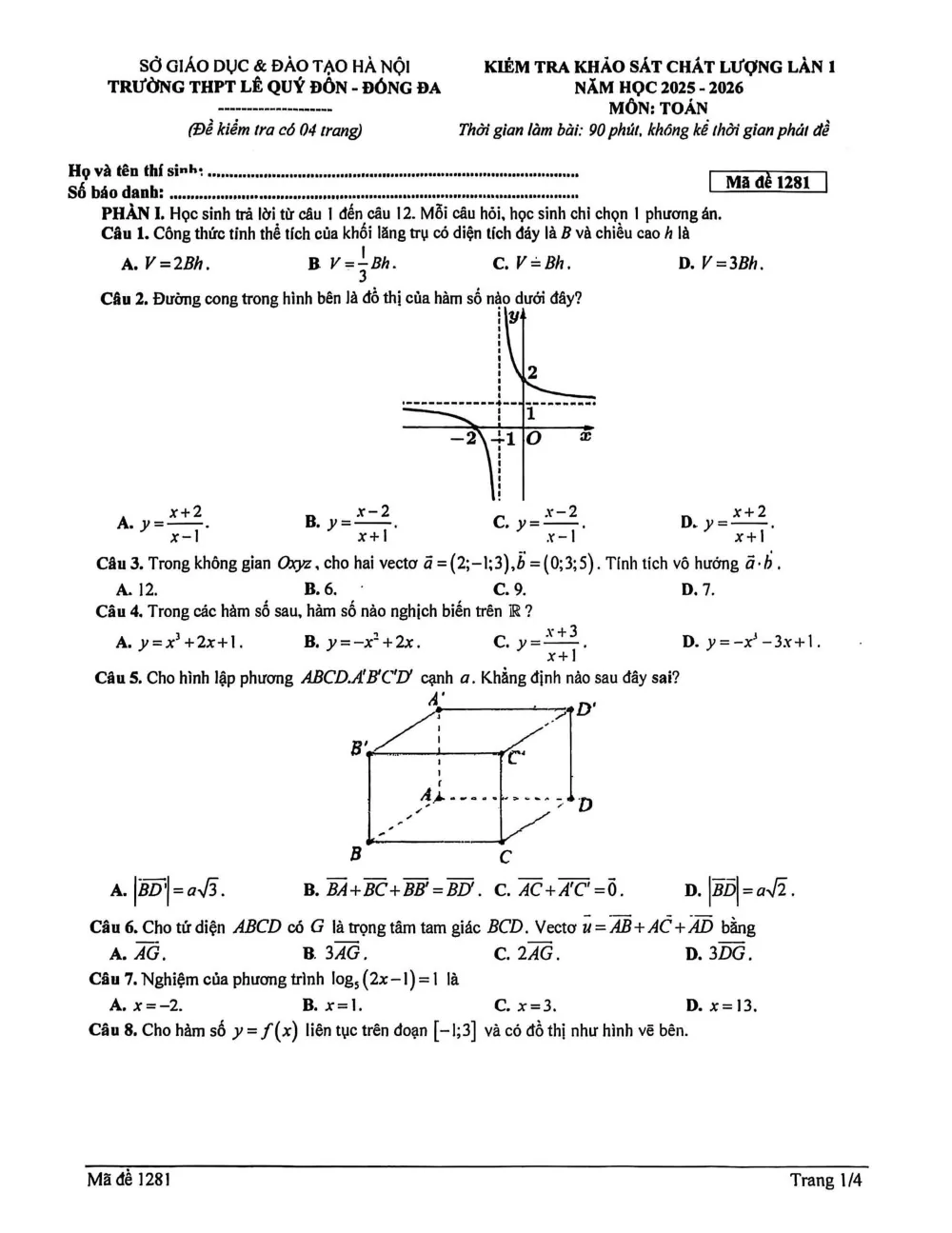 Xem trước trang 1 của "Đề Khảo Sát Toán 12 Lần 1 Năm 2025-2026 - Trường THPT Lê Quý Đôn - Hà Nội"