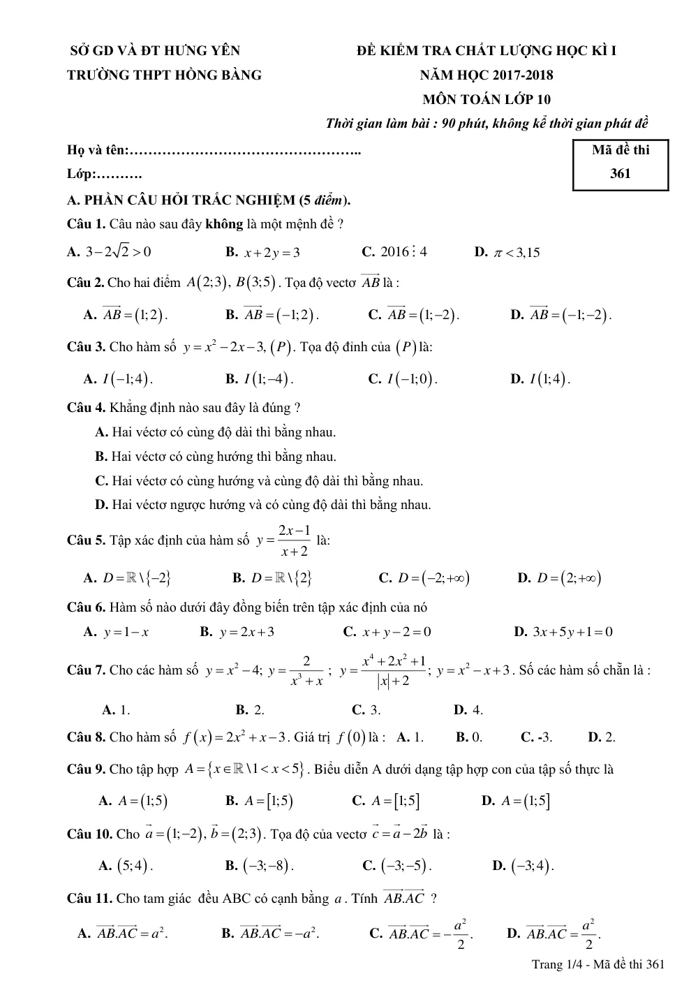 Xem trước trang 1 của "Đề Kiểm Tra Chất Lượng Học Kỳ 1 - Toán 10 - Năm Học 2017-2018 - Trường THPT Hồng Bàng - Hưng Yên"