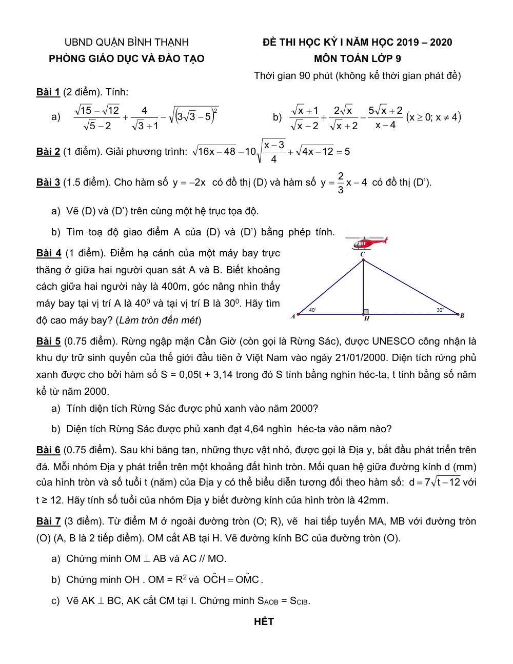 Xem trước trang 1 của "Đề Thi Học Kỳ 1 Toán Lớp 9 Năm Học 2019-2020 - Phòng GDĐT Bình Thạnh - TP. Hồ Chí Minh"