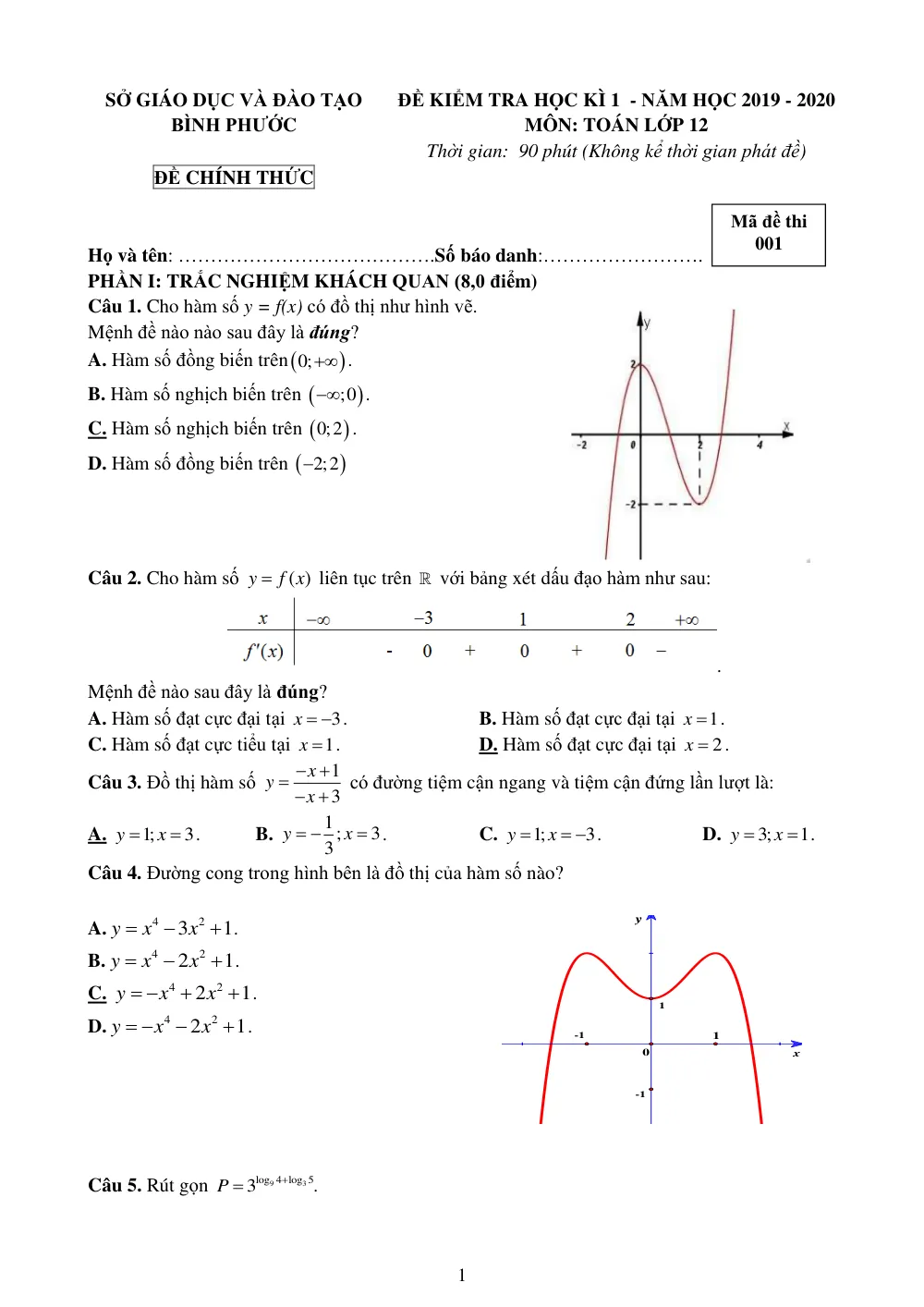 Xem trước trang 1 của "Đề Kiểm Tra Học Kỳ 1 Toán 12 - Năm học 2019-2020 - Sở GDĐT Bình Phước"