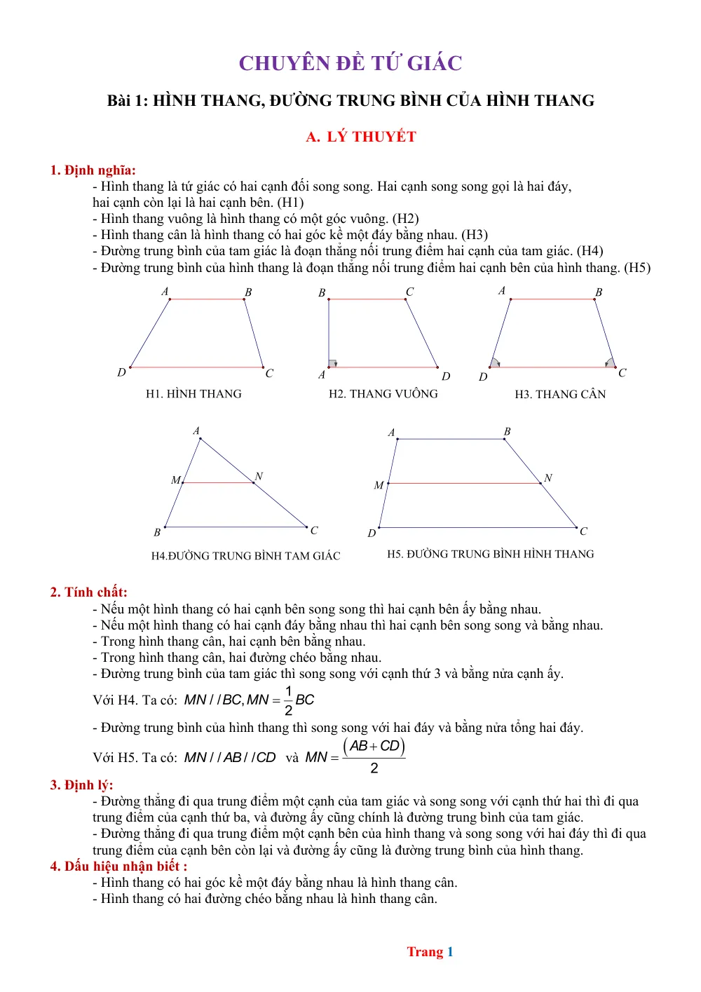 Xem trước trang 1 của "Chuyên đề bồi dưỡng HSG Toán 8: Tứ giác (Phần 1) - Hình thang, Đường trung bình của hình thang"
