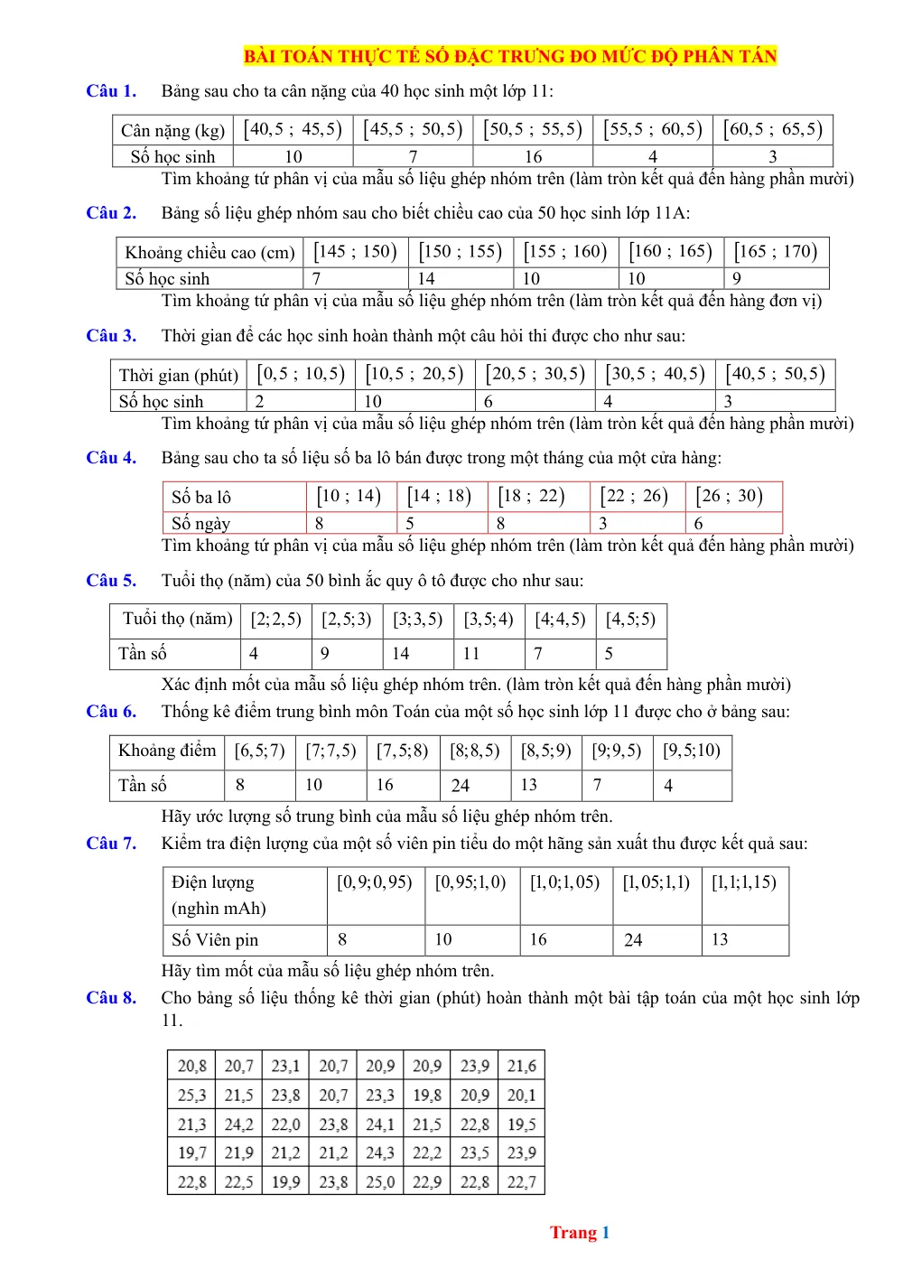 Xem trước trang 1 của "30 Bài toán thực tế Số đặc trưng đo mức độ phân tán - Toán 11"
