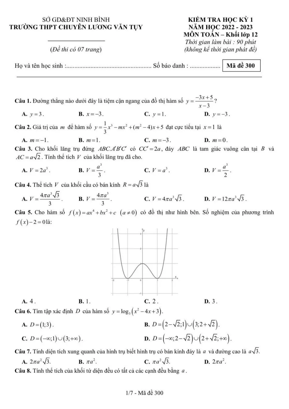 Xem trước trang 1 của "Đề học kỳ 1 Toán 12 - Trường Chuyên Lương Văn Tụy - Ninh Bình (2022-2023)"