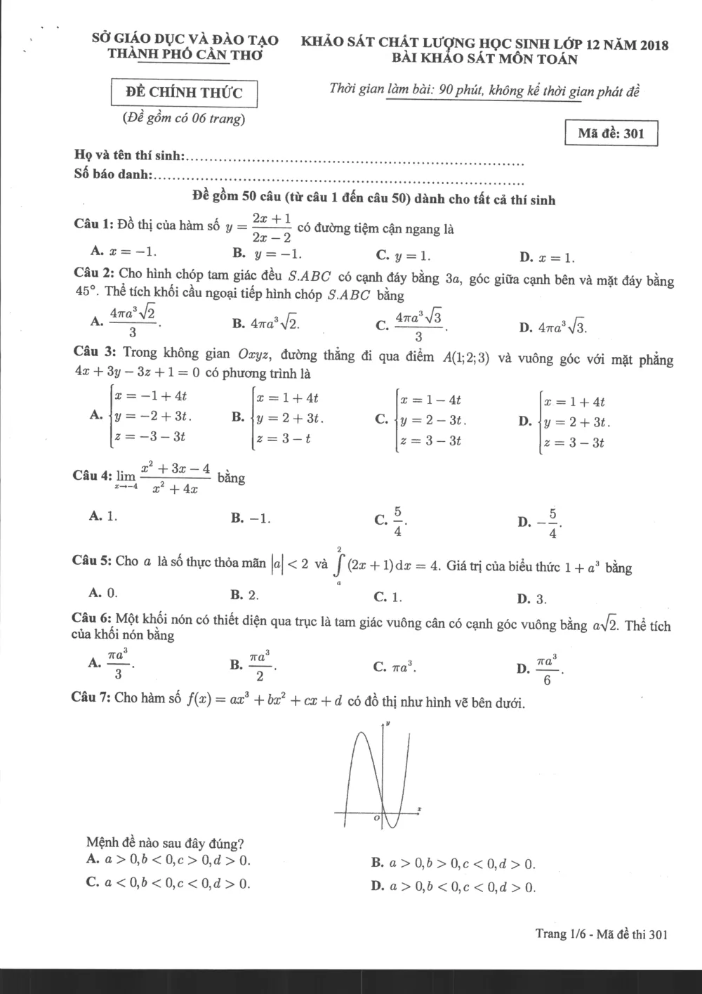 Xem trước trang 1 của "Đề Khảo Sát Chất Lượng Học Sinh Lớp 12 - Năm 2018 - Môn Toán - Sở GD&ĐT Cần Thơ"