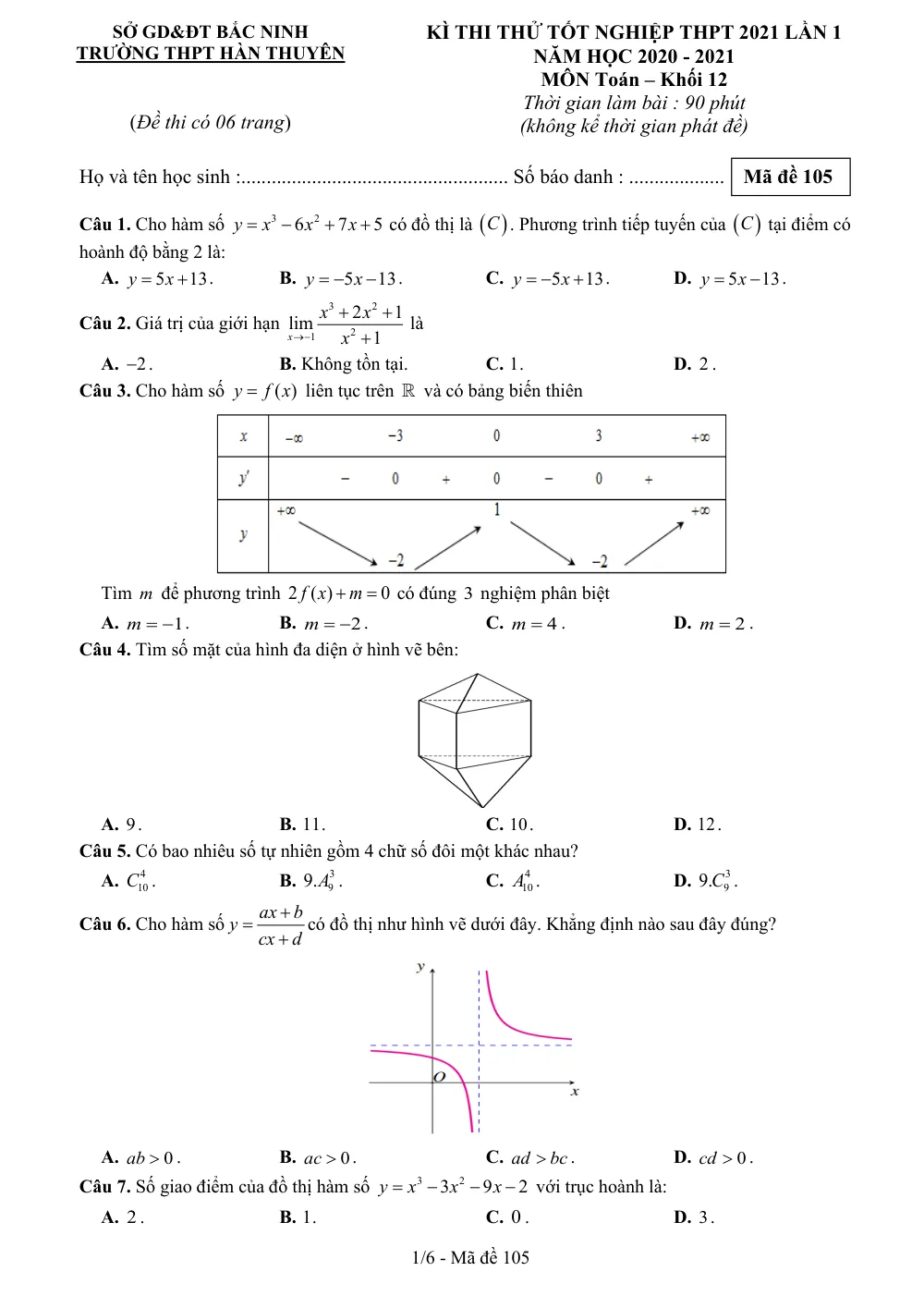 Xem trước trang 1 của "Đề thi thử Tốt nghiệp THPT 2021 Lần 1 - Môn Toán - Trường THPT Hàn Thuyên - Bắc Ninh"