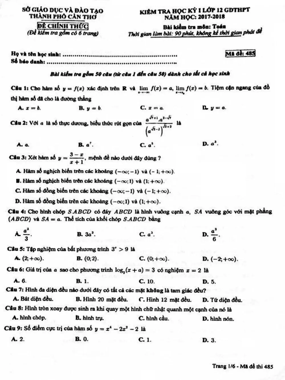 Xem trước trang 1 của "Đề Thi Học Kỳ 1 Toán 12 - Năm Học 2017-2018 - Cần Thơ"