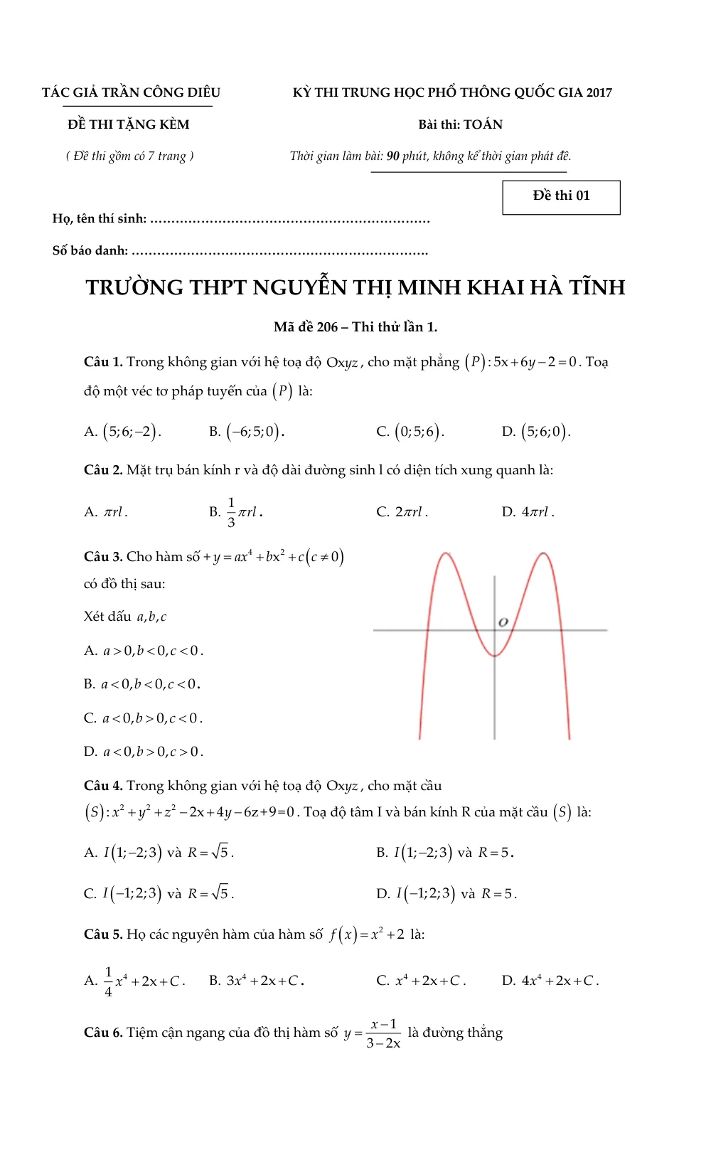 Xem trước trang 1 của "Đề thi thử THPT Quốc gia 2017 môn Toán - Trường THPT Nguyễn Thị Minh Khai Hà Tĩnh - Lần 1"