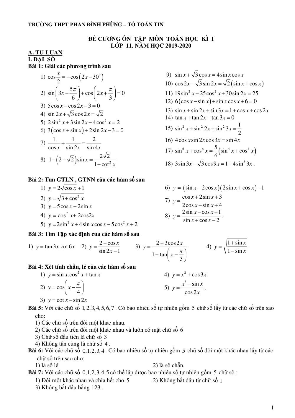 Xem trước trang 1 của "Đề Cương Ôn Tập HK1 Toán 11 - Trường THPT Phan Đình Phùng - Hà Nội (2019-2020)"