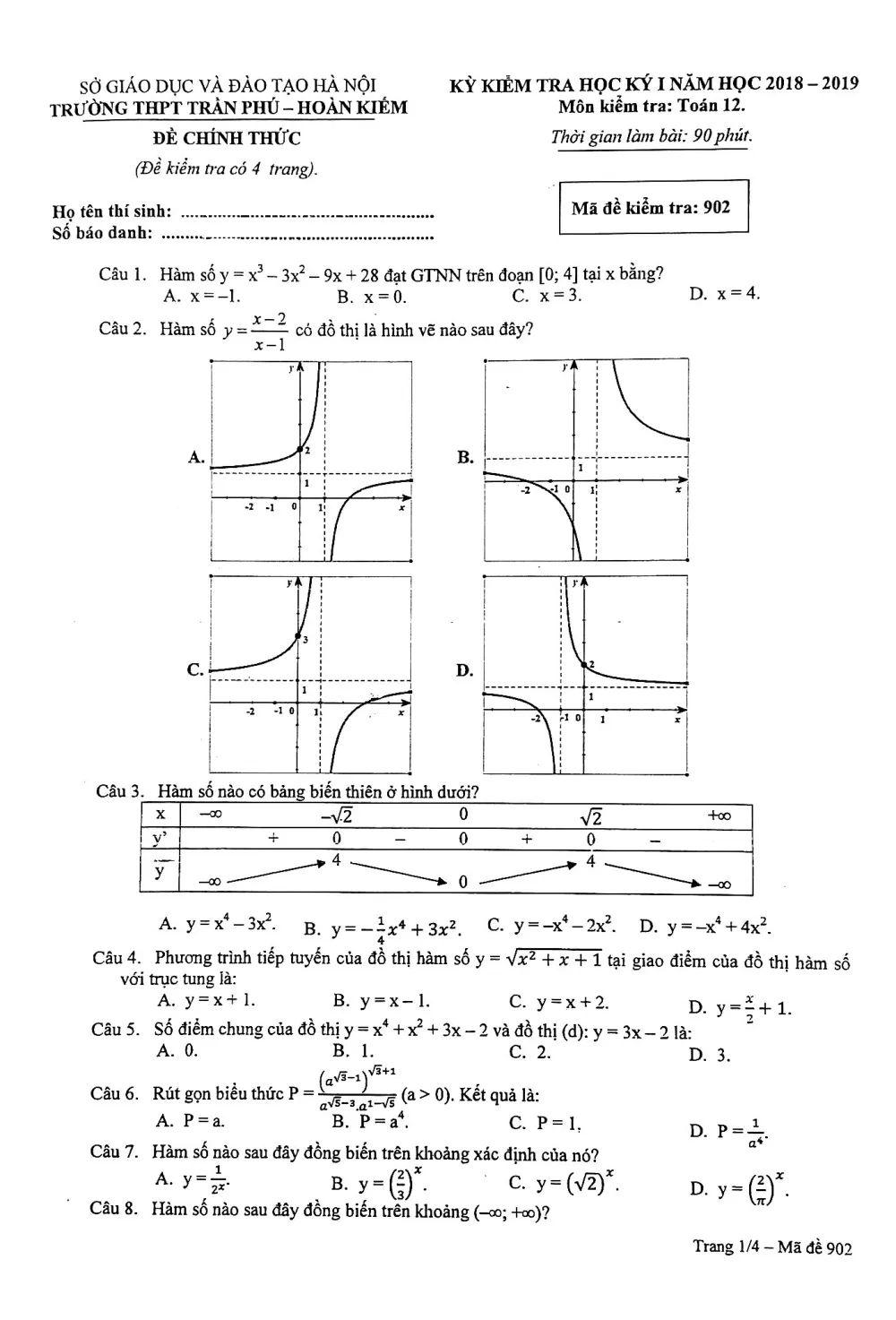 Xem trước trang 1 của "Đề HK1 Toán 12 - Năm học 2018-2019 - Trường THPT Trần Phú Hoàn Kiếm - Hà Nội"