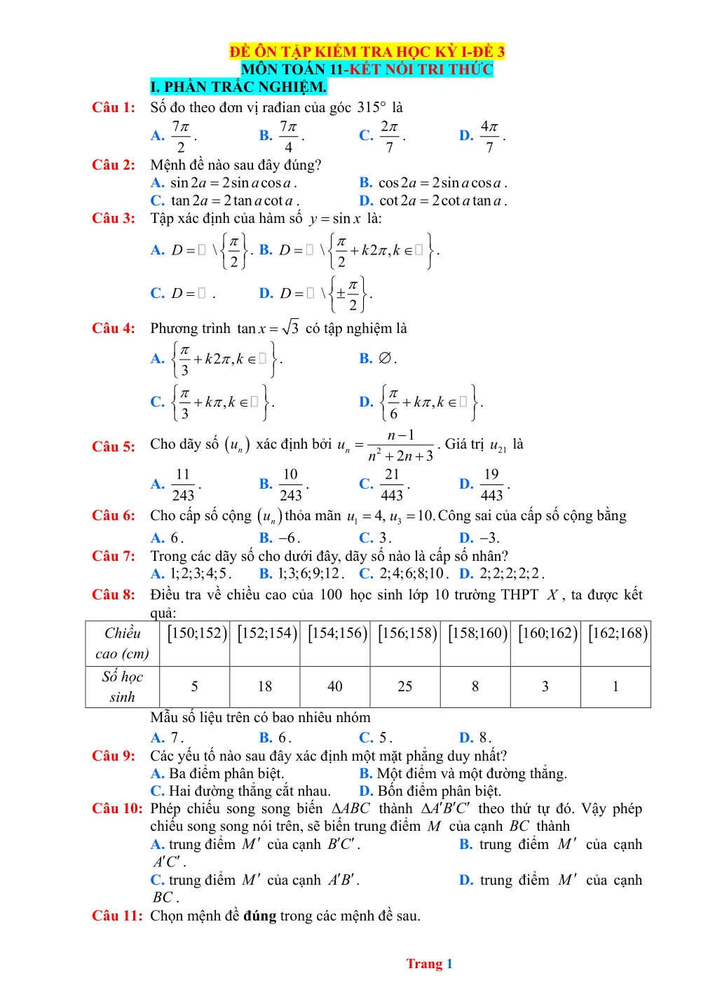 Xem trước trang 1 của "Đề Ôn Tập Kiểm Tra Học Kỳ I - Đề 3 - Môn Toán 11 - Kết Nối Tri Thức"