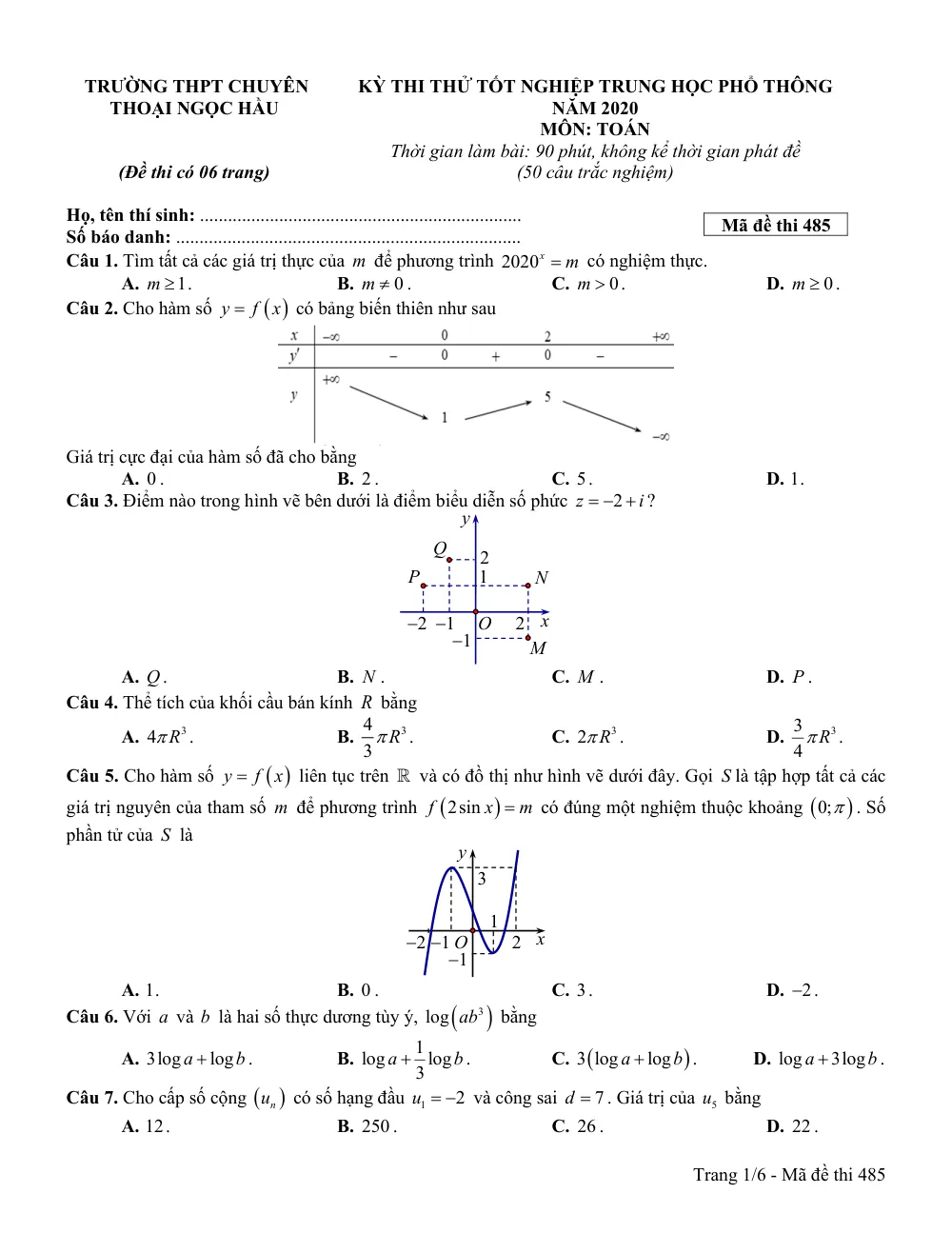 Xem trước trang 1 của "Đề Thi Thử Tốt Nghiệp THPT 2020 - Môn Toán - Trường THPT Chuyên Thoại Ngọc Hầu - An Giang"