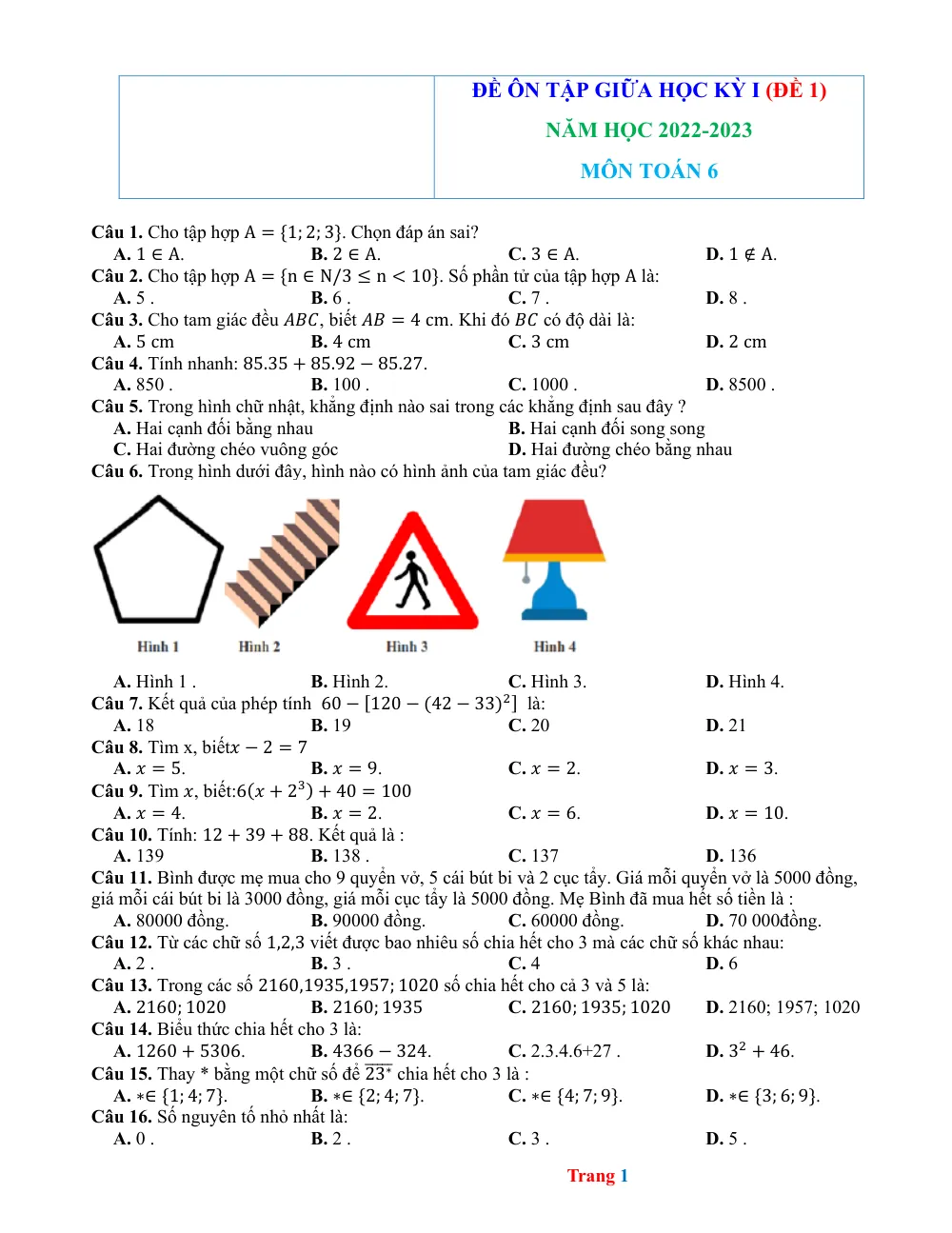 Xem trước trang 1 của "Đề Ôn Tập Giữa Học Kỳ I - Toán 6 (Đề 1) Năm học 2022-2023"