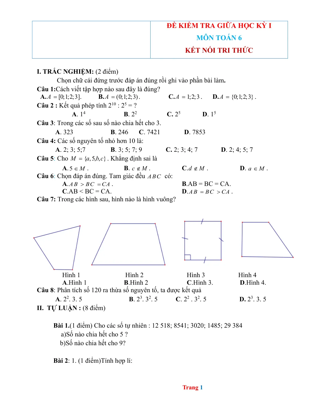 Xem trước trang 1 của "Đề Kiểm Tra Giữa Học Kỳ I Toán 6 - Kết Nối Tri Thức (Có Đáp Án)"