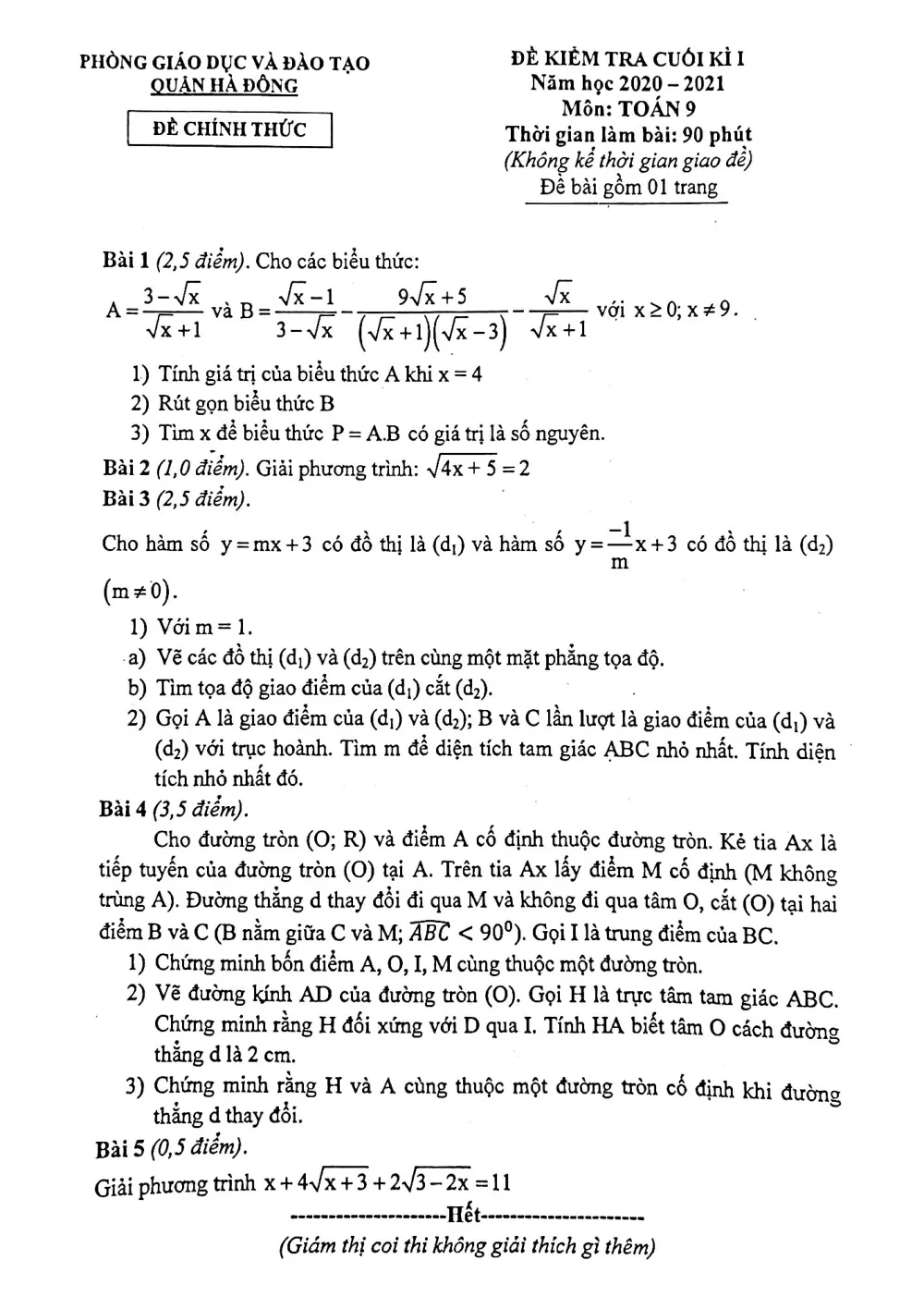 Xem trước trang 1 của "Đề Kiểm Tra Cuối Học Kỳ 1 - Toán 9 - Năm 2020-2021 - Phòng GDĐT Hà Đông - Hà Nội"