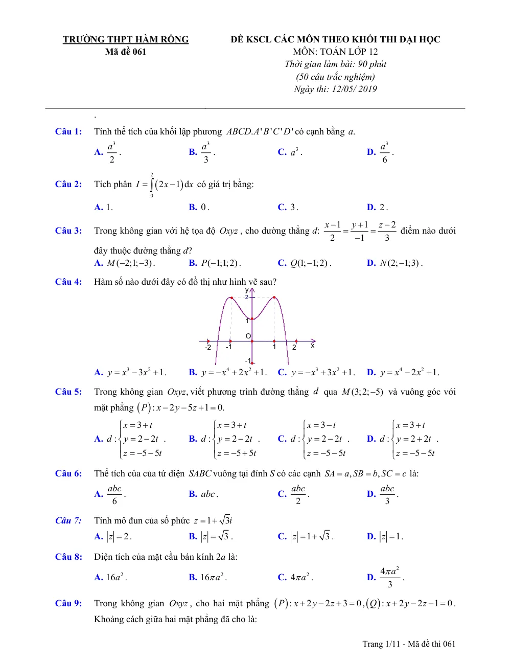 Xem trước trang 1 của "Đề KSCL Toán 12 - Thi THPT 2019 - Trường THPT Hàm Rồng - Thanh Hóa (Lần 3)"