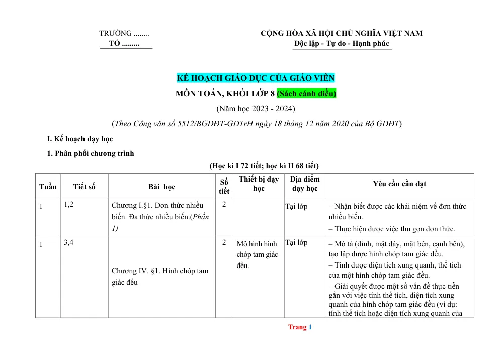 Xem trước trang 1 của "Kế hoạch Giáo dục Môn Toán Lớp 8 - Sách Cánh Diều (Năm học 2023-2024)"