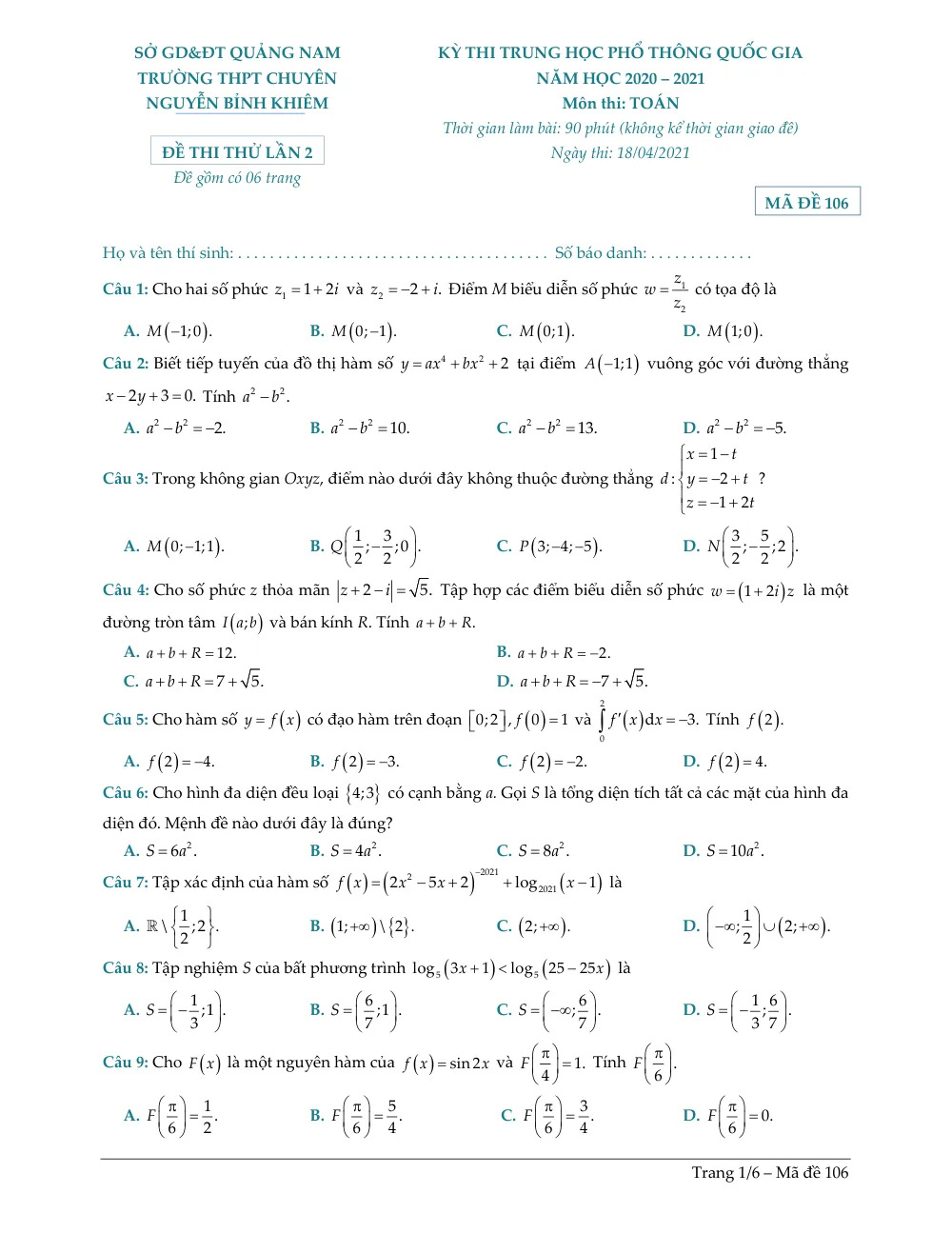 Xem trước trang 1 của "Đề Thi Thử Toán THPT Lần 2 Năm 2021 - Trường THPT Chuyên Nguyễn Bỉnh Khiêm - Quảng Nam"