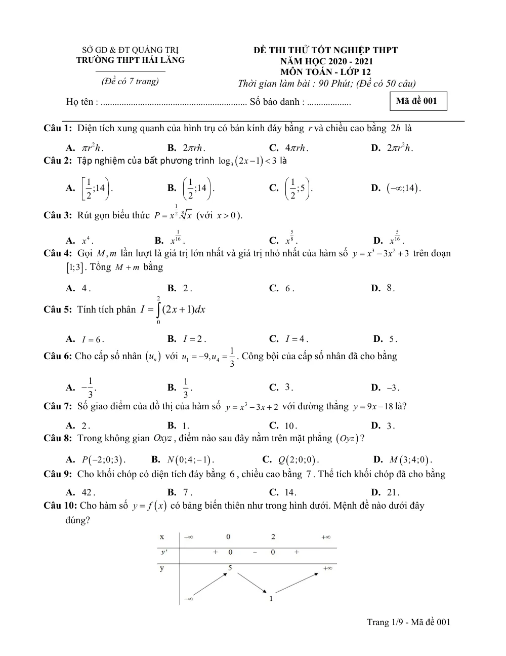Xem trước trang 1 của "Đề Thi Thử Tốt Nghiệp THPT 2021 - Môn Toán Lớp 12 - Trường THPT Hải Lăng - Quảng Trị"