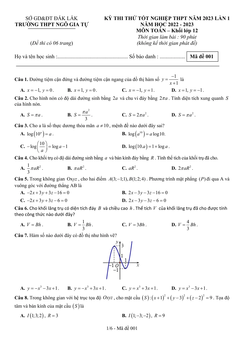 Xem trước trang 1 của "Đề thi thử Toán TN THPT 2023 Lần 1 - Trường THPT Ngô Gia Tự - Đắk Lắk"