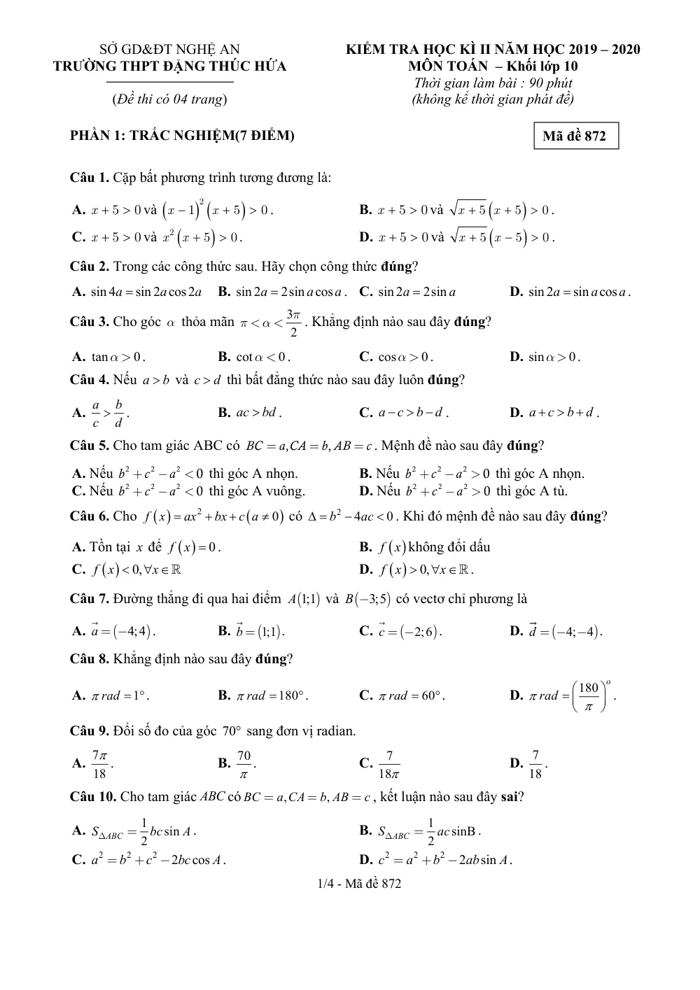 Xem trước trang 1 của "Đề thi HK2 Toán 10 - Năm học 2019-2020 - Trường THPT Đặng Thúc Hứa - Nghệ An"