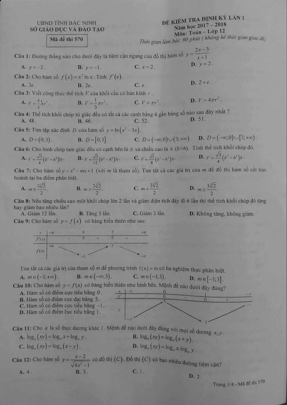 Xem trước trang 1 của "Đề kiểm tra định kỳ lần 1 - Toán 12 - Năm học 2017-2018 - Sở GD-ĐT Bắc Ninh"